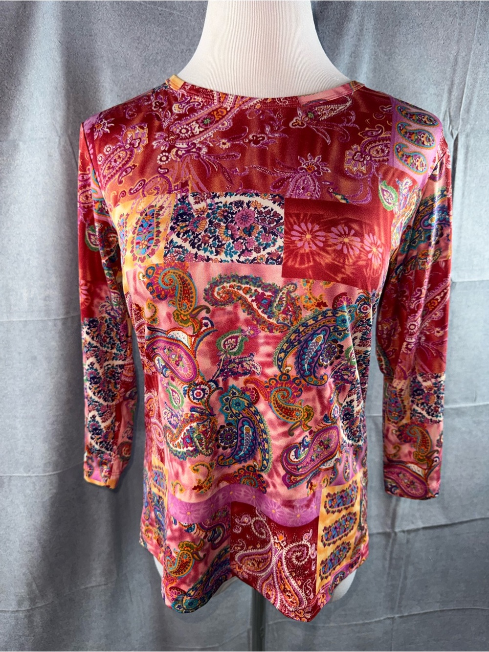 3189-Coldwater Creek Multicolor Paisley Patchwork Long Sleeve Top